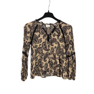 Knox Rose Womens Paisley Long Sleeve Top Beige Black Rayon M Keyhole Tie Front